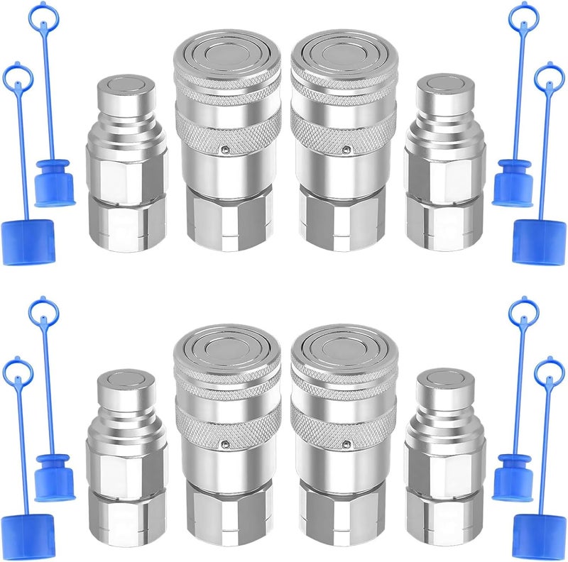 Cplbrb 1/2’’ NPT Flat Face Hydraulic Quick Connect Couplers/Couplings with Dust Caps, The Universal Bobcat Flat Face Quick Connect Fittings with with 1/2’’ Body ISO 16028 Standard-4Set - Image 1